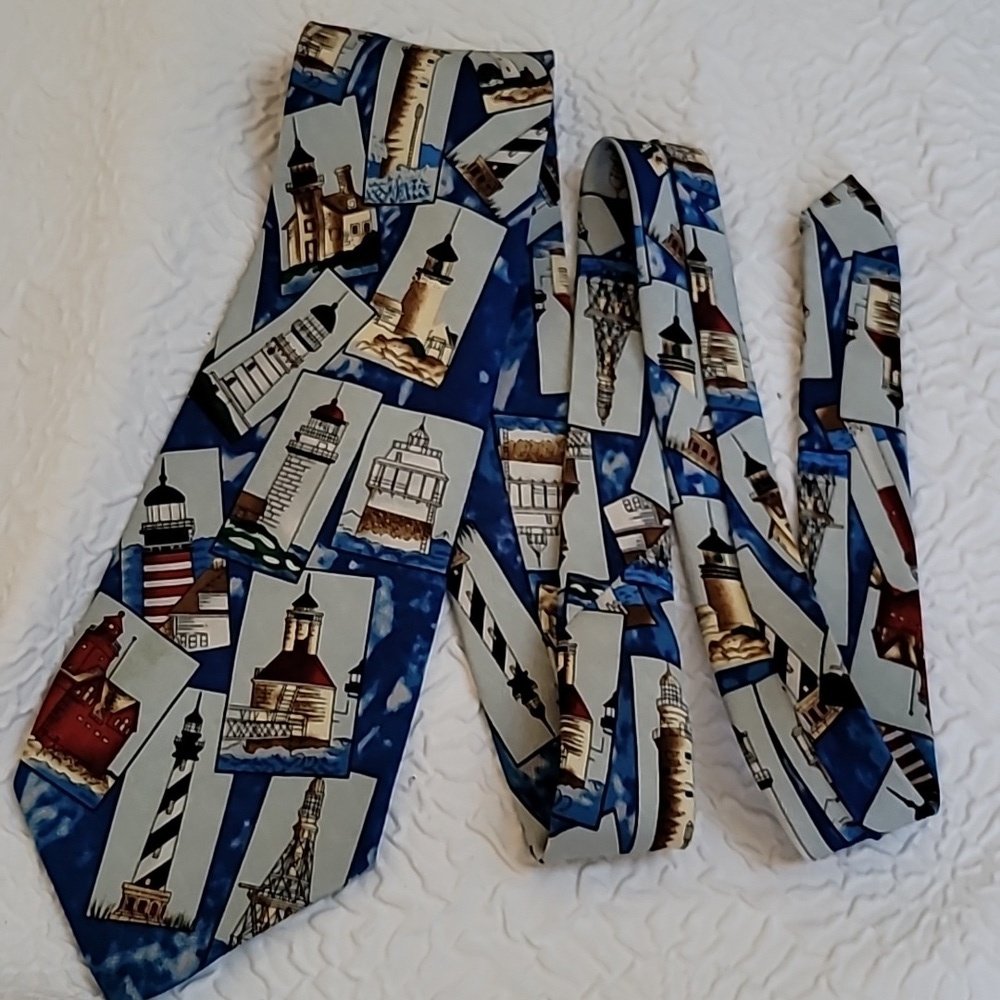 E Graziano Mens Tie Blue Red White Lighthouses Beach Nautical VINTAGE